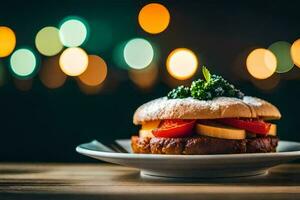 ein Sandwich mit Käse und Tomaten auf ein Platte. KI-generiert foto