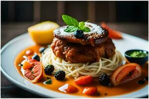 ein Teller mit Spaghetti und Fleisch auf Es. KI-generiert foto