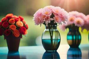 drei Vasen mit Blumen im Sie auf ein Tisch. KI-generiert foto