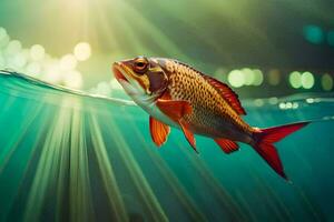 ein Fisch Schwimmen im das Wasser mit Sonnenlicht leuchtenden auf Es. KI-generiert foto