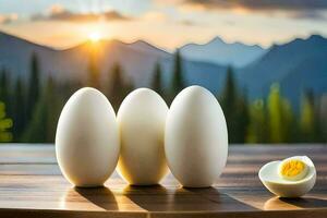 drei schwer gekocht Eier auf ein Tabelle mit Berge im das Hintergrund. KI-generiert foto