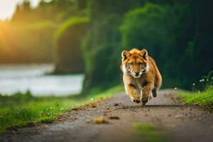 Löwe Laufen auf das Straße. KI-generiert foto