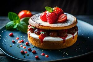 ein Dessert mit Erdbeeren und Sahne auf ein schwarz Platte. KI-generiert foto