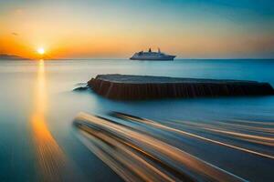 ein Kreuzfahrt Schiff im das Ozean beim Sonnenuntergang. KI-generiert foto