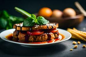 ein Sandwich mit Tomaten und Basilikum auf ein Platte. KI-generiert foto