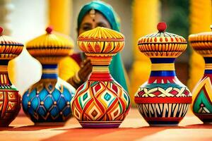ein Frau im ein Sari ist halten ein bunt Vase. KI-generiert foto