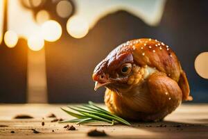 ein Hähnchen ist Sitzung auf ein Tabelle mit ein Rosmarin Zweig. KI-generiert foto