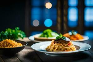 Spaghetti und Fleischklößchen auf ein Platte. KI-generiert foto