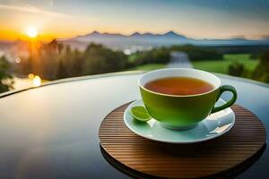 ein Tasse von Tee auf ein Tabelle mit ein Aussicht von das Berge. KI-generiert foto