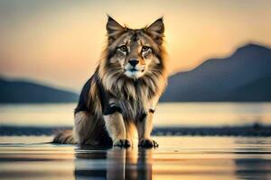 ein Wolf ist Stehen auf das Strand beim Sonnenuntergang. KI-generiert foto