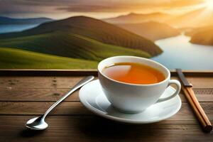 ein Tasse von Tee auf ein hölzern Tabelle mit ein Aussicht von Berge. KI-generiert foto