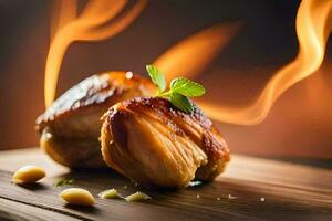 zwei Stücke von Hähnchen auf ein hölzern Tafel mit Feuer. KI-generiert foto