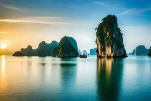 das Sonne setzt Über das Wasser im Halong Bucht. KI-generiert foto