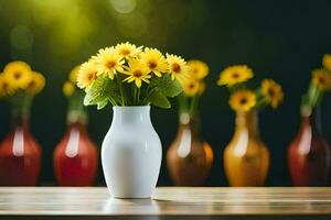 Gelb Blumen im ein Vase auf ein Tisch. KI-generiert foto