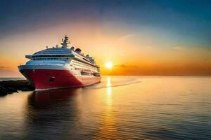 ein Kreuzfahrt Schiff im das Ozean beim Sonnenuntergang. KI-generiert foto