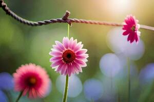 Rosa Blumen auf ein Kabel. KI-generiert foto