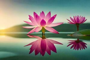 zwei Rosa Lotus Blumen sind reflektiert im das Wasser. KI-generiert foto