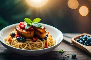 Spaghetti mit Blaubeeren und Tomaten im ein Schüssel. KI-generiert foto