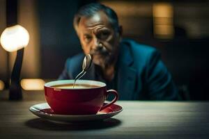 ein Mann Sitzung beim ein Tabelle mit ein Tasse von Kaffee. KI-generiert foto