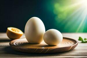 zwei Eier sitzen auf ein hölzern Teller mit ein Zitrone. KI-generiert foto