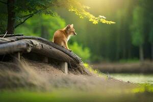 ein Fuchs sitzt auf ein Log durch das Wasser. KI-generiert foto