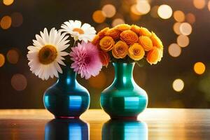 zwei Vasen mit Blumen auf ein Tisch. KI-generiert foto