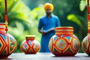 indisch Mann im Turban Sitzung im Vorderseite von bunt Vasen. KI-generiert foto