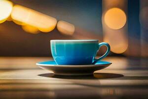 ein Blau Tasse sitzt auf ein Tabelle mit ein Bokeh Hintergrund. KI-generiert foto