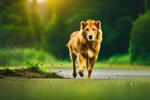 ein Hund Gehen auf ein Straße im das Mitte von ein Wald. KI-generiert foto