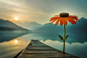 ein Single Blume steht auf ein Dock im Vorderseite von ein See. KI-generiert foto