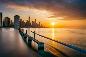 das Sonne setzt Über das Stadt Horizont im Chicago. KI-generiert foto