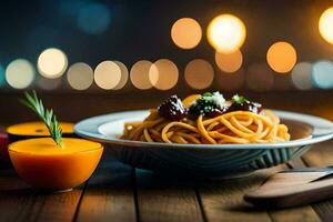 ein Teller von Spaghetti mit Tomate Soße und ein Messer auf ein hölzern Tisch. KI-generiert foto