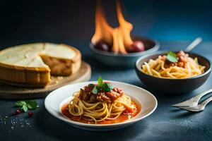 Spaghetti mit Fleisch Soße und Käse auf ein Platte. KI-generiert foto