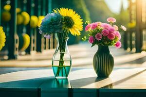 zwei Vasen mit Blumen Sitzung auf ein Tisch. KI-generiert foto