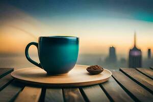 Kaffee Tasse, Stadt, Sonnenaufgang, Sonnenaufgang, das Stadt, Sonnenaufgang, das Stadt, Sonnenaufgang. KI-generiert foto