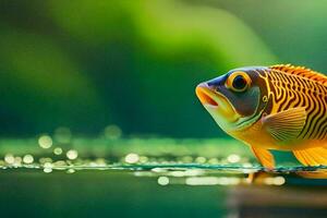 ein Fisch mit Gelb Augen und schwarz Streifen ist Stehen auf das Wasser. KI-generiert foto