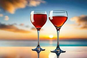 zwei Wein Brille mit rot Wein auf das Strand. KI-generiert foto