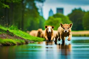 ein Gruppe von braun Bären Laufen über ein Fluss. KI-generiert foto