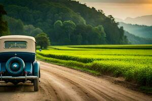 ein alt Auto Fahren Nieder ein Schmutz Straße im Vorderseite von ein Grün Feld. KI-generiert foto