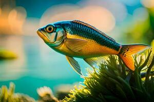 ein Fisch ist Sitzung auf oben von etwas Algen. KI-generiert foto