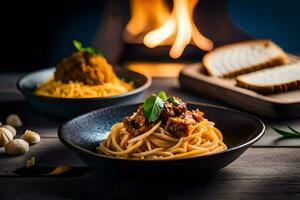 Spaghetti mit Fleisch und Brot im ein Schüssel. KI-generiert foto