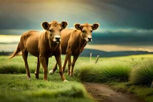 zwei braun Kühe Stehen auf ein Pfad im das Gras. KI-generiert foto