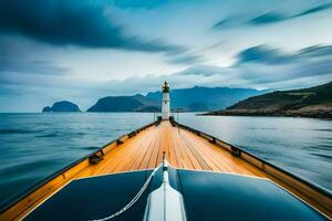 ein Boot auf das Ozean mit Berge im das Hintergrund. KI-generiert foto