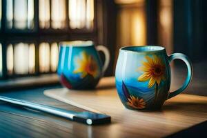 zwei Kaffee Tassen mit Sonnenblumen auf Sie auf ein Tisch. KI-generiert foto