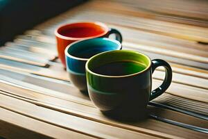 drei bunt Kaffee Tassen Sitzung auf ein hölzern Tisch. KI-generiert foto