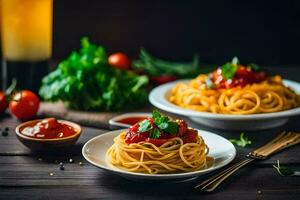 Spaghetti mit Tomate Soße und Gemüse auf ein hölzern Tisch. KI-generiert foto