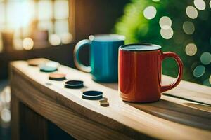 zwei Kaffee Tassen sitzen auf ein hölzern Tisch. KI-generiert foto