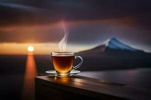 ein Tasse von Tee auf ein hölzern Tabelle mit ein Berg im das Hintergrund. KI-generiert foto