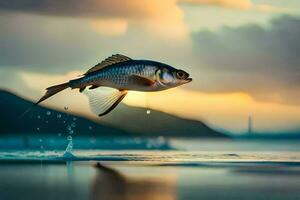 ein Fisch Springen aus von das Wasser beim Sonnenuntergang. KI-generiert foto