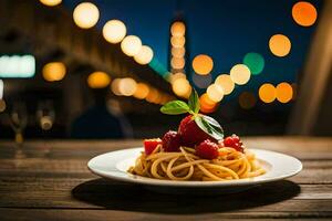 ein Teller von Spaghetti mit Erdbeeren auf ein hölzern Tisch. KI-generiert foto